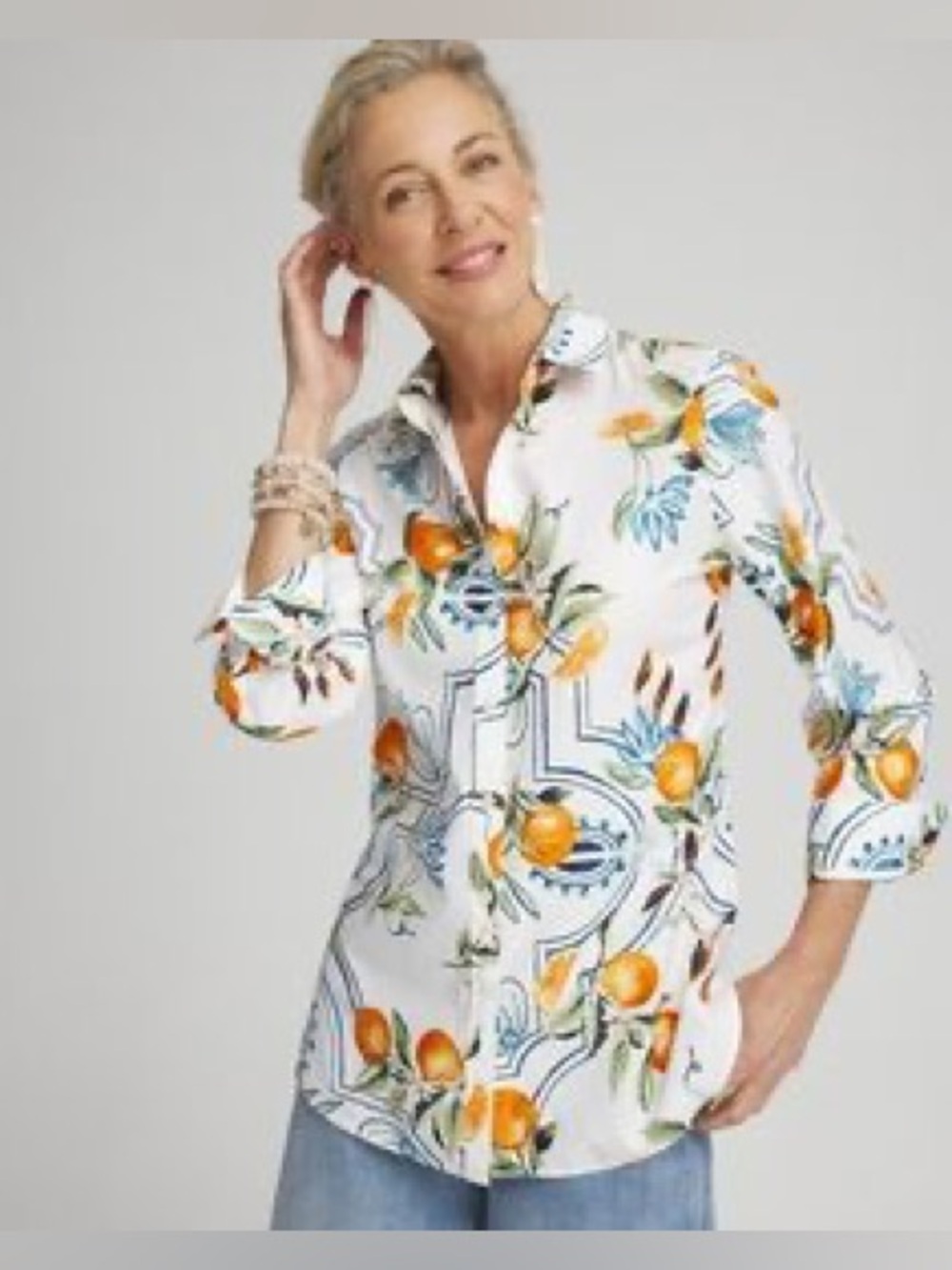 Chico's /White Button-Down Shirt with Orange & Blue Citrus Print-Sz. 10 - NWT